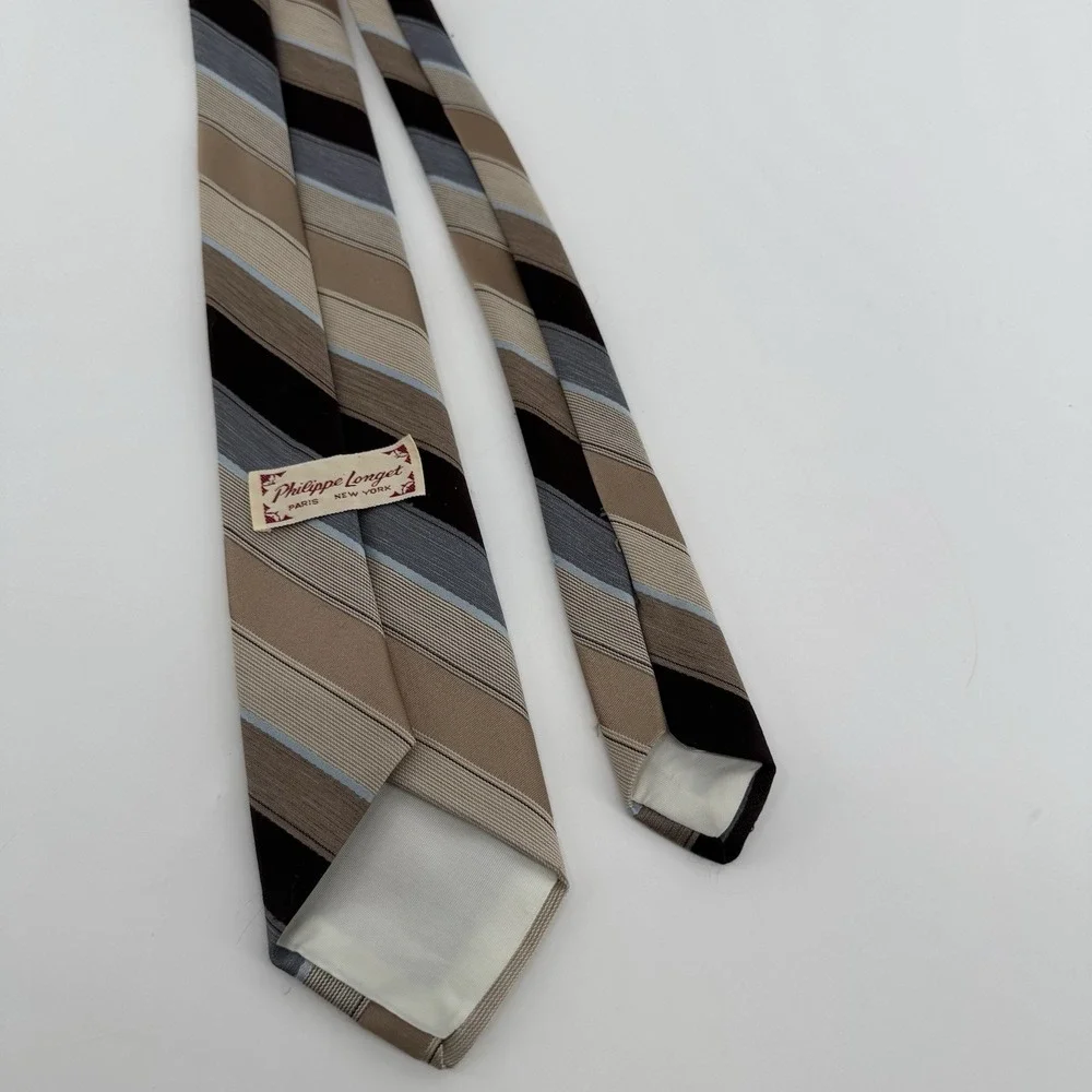 Vintage Philippe Longuet Paris NY Silk Tie Brown Blue Striped 56.5